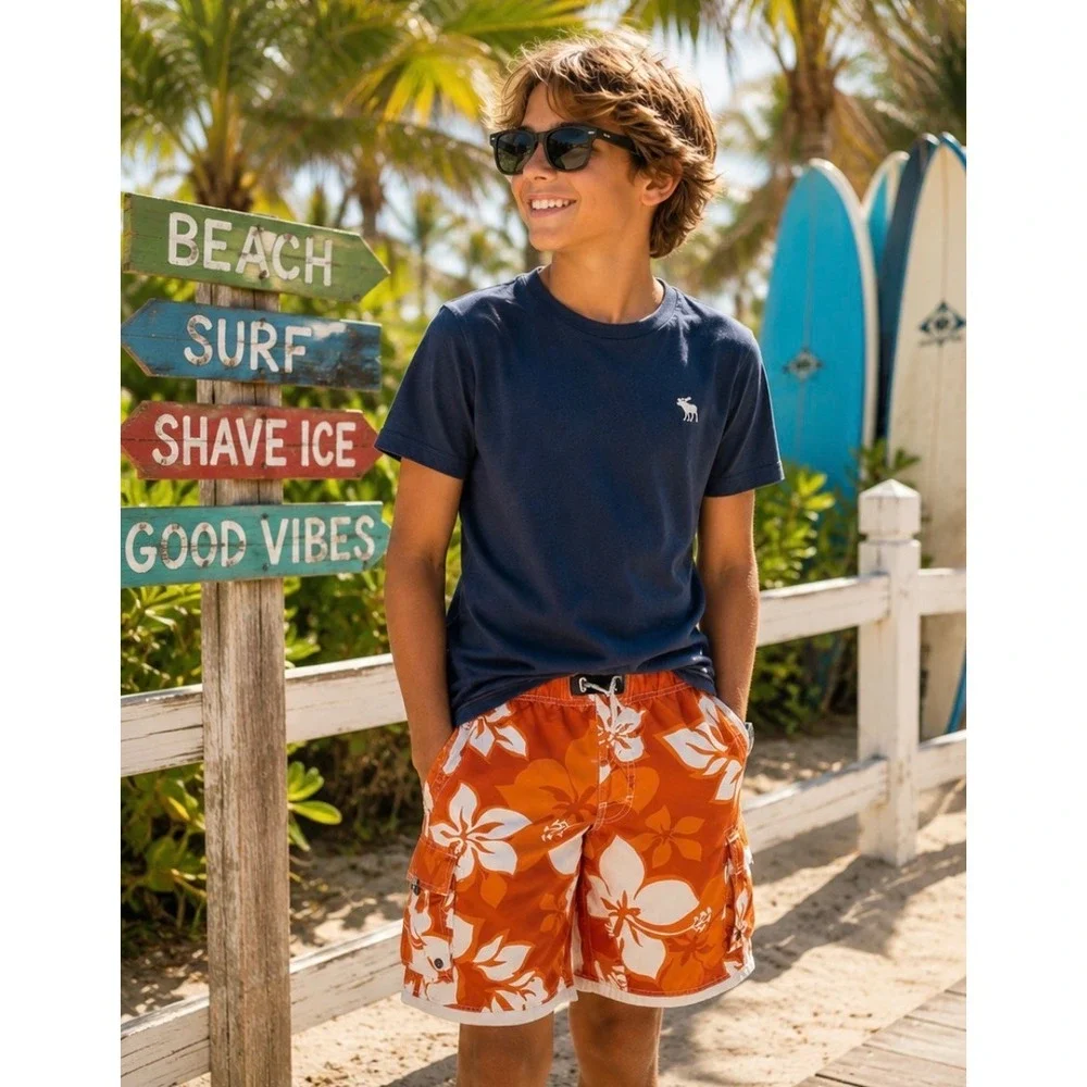 Abercrombie Original Boys Size L 14 Orange Hawaiian Floral Cargo Swim Trunks